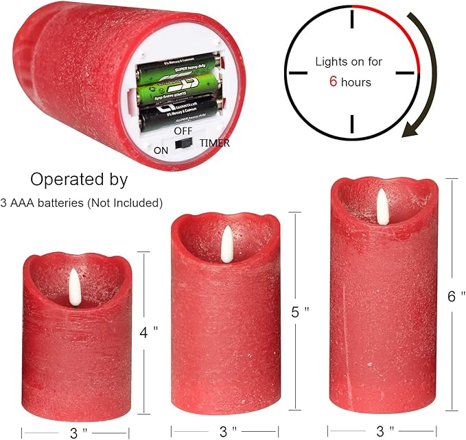 Eldnacele Red Wax Flameless Flickering Candles with 6H Timer, 3D Wick Realistic Battery Operated Pillar LED Candles Set of 3 for Easter Home Wedding Party Christmas Decoration (D3” x H4”5”6”)