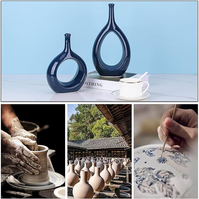 Navy Blue Vase Ceramic Blue Vases Home Decor,Modern Minimalist Circle with Hole Decorative Vase, Hollow Ellipse Flower vases for Bookshelf, Fireplace Mantle, Centerpieces,Farmhouse,Rustic Décor