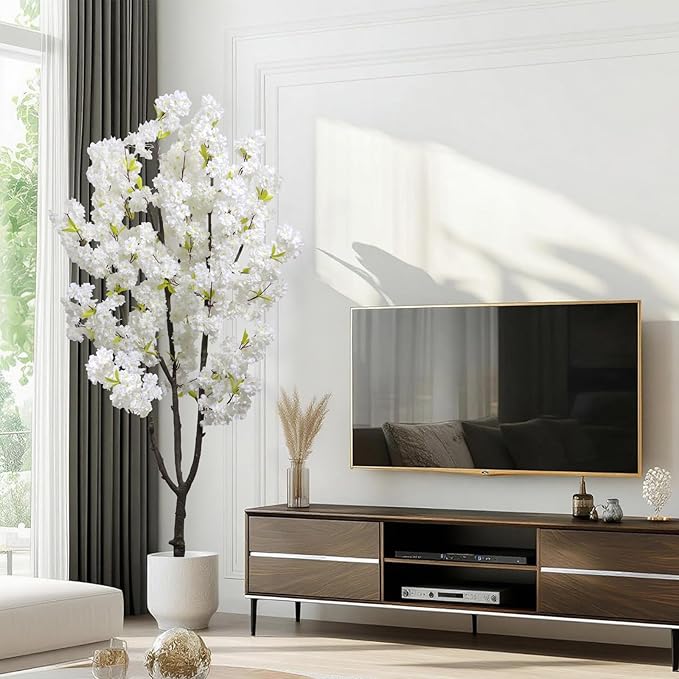 Faux White Cherry Blossom 6ft(72in) Artificial Floor Plant for Indoor Decor Natural Potted Tree with Texture Flowers and Realistic Wood Trunk for Home Living Room,Office Perfect Housewarming Gift