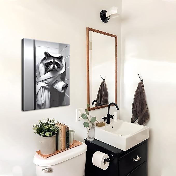 Funny Bathroom Wall Decor, Black and White Raccoon Canvas Wall Art, Humor Animal Decor Raccoon in a bathrobe Picture Prints for Restroom Bathroom 12x16 inch Framed