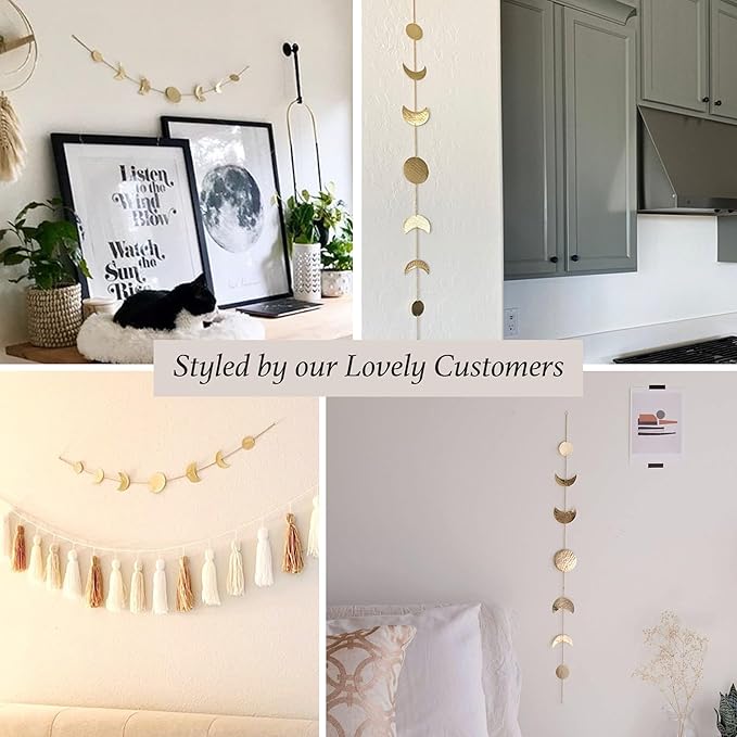 BASE ROOTS Moon Phase, Gold Wall Decor for Bedroom & Living Room, Bohemian Wall Decor, Handmade Hammered Metal 34" 7 Phases Moon, Celestial Wall Art, Gift for Women & Kids