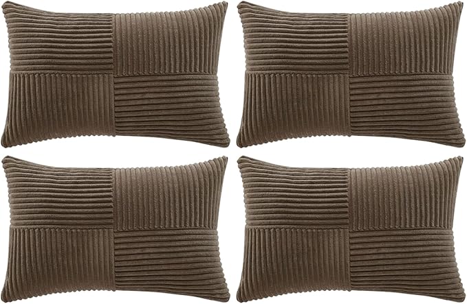 Fancy Homi 4 Packs Dark Brown Lumbar Decorative Throw Pillow Covers 12x20 Inch for Living Room Couch Bed, Rustic Farmhouse Boho Home Decor, Soft Striped Corduroy Rectangle Accent Cushion Case 30x50 cm