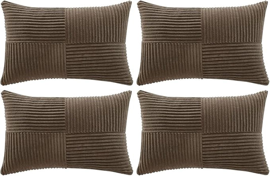 Fancy Homi 4 Packs Dark Brown Lumbar Decorative Throw Pillow Covers 12x20 Inch for Living Room Couch Bed, Rustic Farmhouse Boho Home Decor, Soft Striped Corduroy Rectangle Accent Cushion Case 30x50 cm