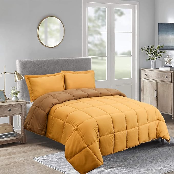 HIG 3-Piece Mustard Yellow Reversible Down Alternative Comforter Set Queen - Baffle Box Stitched Design - 4 Built-in Corner - Lightweight & Easy Fit - Premium Poly Filling - Fluffy, Warm, Soft