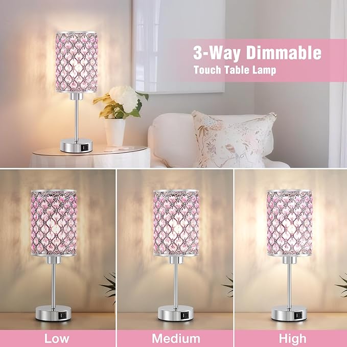 Crystal Table Lamp, Pink Touch Lamp with USB C+A Ports, 3 Way Dimmable Lamp with Crystal Shade, Bedside Lamp Small Lamp for Girl Bedroom, Living Room(Buld Included)