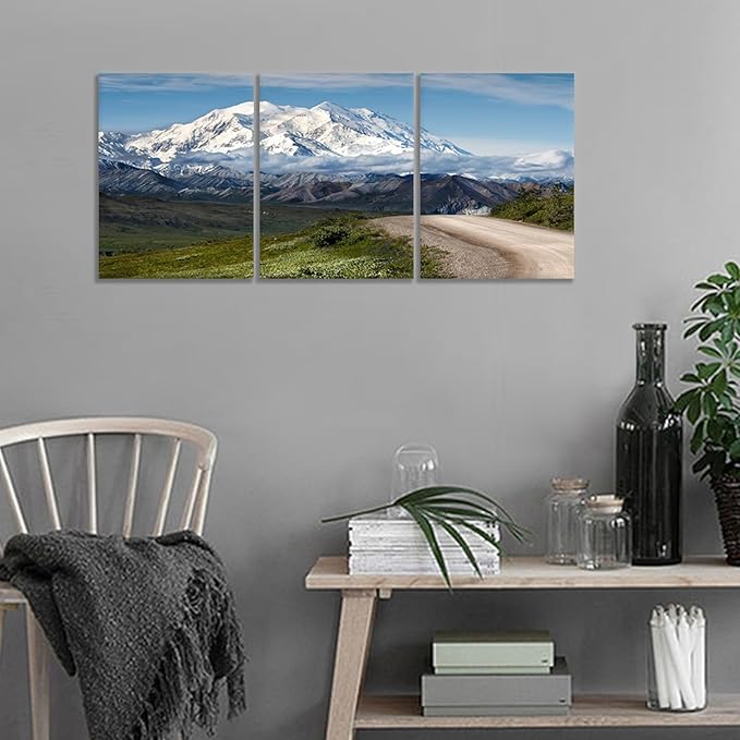Landscape Canvas Wall Art Mountain Winter Snowscape Blue Sky Posters Print Modern HD Nature Picture Painting Artwork for Home Bedroom Bathroom Office Wall Decoration Ready to Hang [36''Wx 16''H]