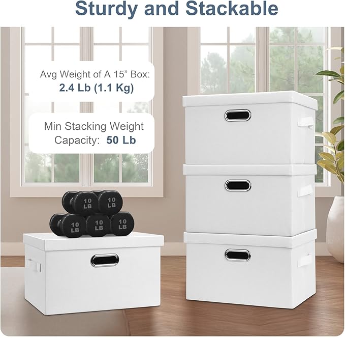 Medium 15" 21 Quart Collapsible Stackable Storage Bins with Lids, 5 Packs White Foldable Fabric Closet Storage Boxes with Lids, Lidded Heavy-duty Linen Baskets(15x11x8)