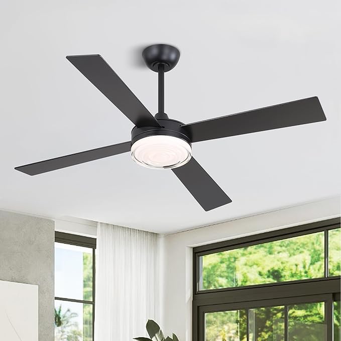 WINGBO 52 Inch Ceiling Fan with Lights and Remote, 3CCT, Modern Ceiling Fan with Ripple Glass Shade, 6-Speed Reversible DC Motor for Bedroom Living Room Kitchen Hallway, Matte Black
