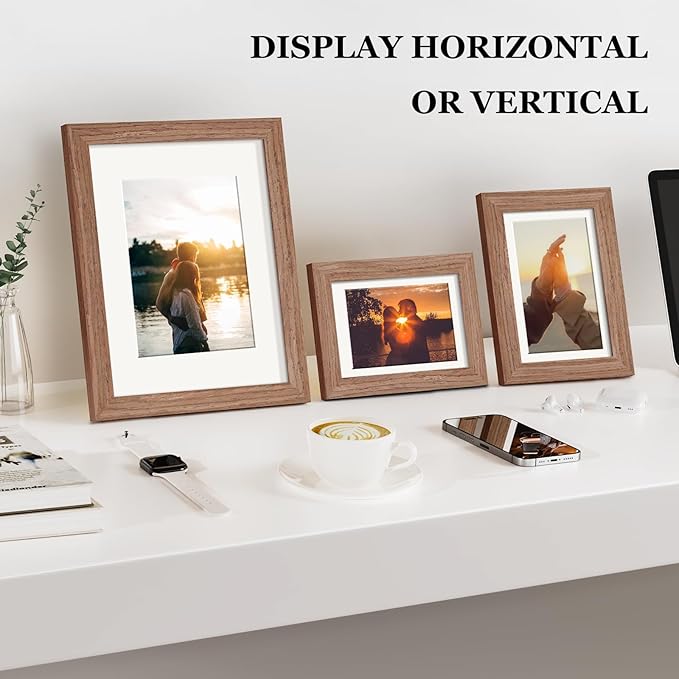Picture Frame Set 10 Pack, Picture Frames Collage Wall Decor with Mat for Multiple Sizes Photos, Two 8x10, Four 5x7, Four 4x6, Photo Frames for Wall and Tabletop, Rusic Brown