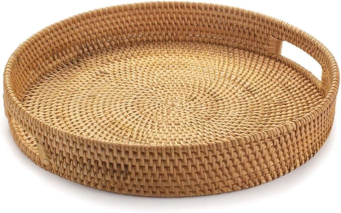 YANGQIHOME Rattan Round Serving Tray, Decorative Coffee Table Tray, Hand Woven Serving Basket with Handles, Ottoman Wicker Fruit/Bread Serving Basket, 13.8 inch