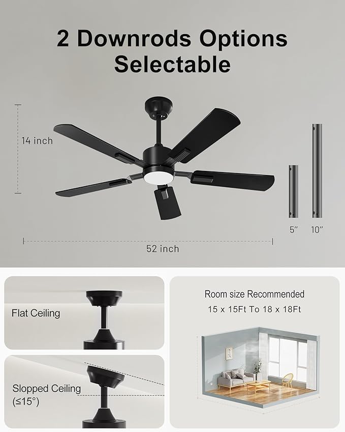 CubiCubi Ceiling Fans with Lights - 52 inch Black Ceiling Fan with Light and Remote/APP, Dimmable, Super Quiet, Modern Ceiling Fan for Indoor Bedroom, Living Room, Kitchen