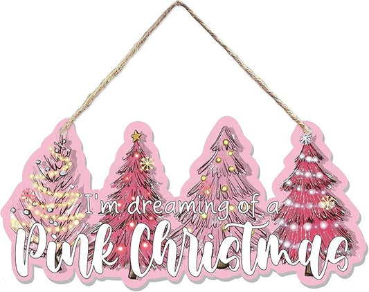 CGBHW Pink Christmas Tree Wooden Sign, I’m Dreaming of a Pink Christmas Snowflake Decoration Hanging Sign Wall Decor, Winter Holidays Theme for Home Office Girls College Dorm Door Decor 12 x 6 Inch
