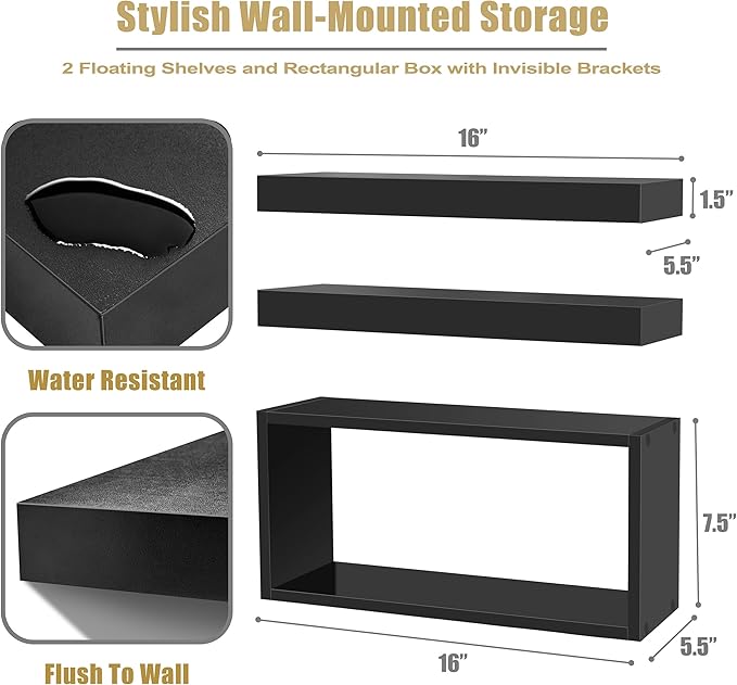 Sorbus Floating Shelves for Wall Set of 3 - Bathroom Shelves for Wall Storage, Over Toilet, Bedroom, Farmhouse, Decor - 2 Floating Shelves with Invisible Brackets & 1 Rectangular Box, Black