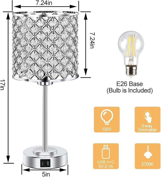 Crystal Table Bedside Lamp Touch Control, 3-Way Dimmable Small Nightstand Lamp Set of 2 with USB-C+A Charging Ports, Decorative Silver Tabletop Lamp for Bedroom Living Room Guest Room, Bulbs Included