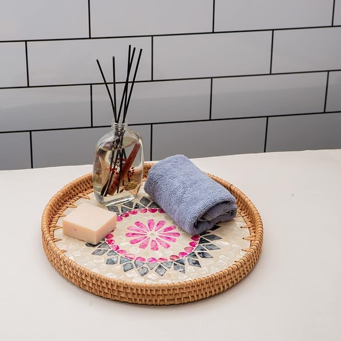 11.8' Wicker Round Rattan Mother of Pearl Serving Basket Tray for Décor Coffee Table | Large Boho Circle Woven Decorative Trays for Outdoor, Home, Kitchen Display (Lozenge)