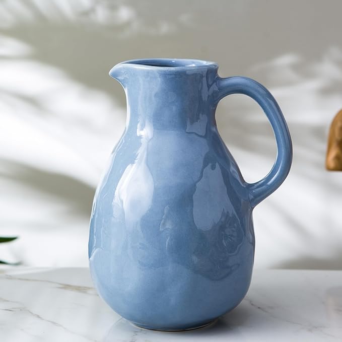 Kimdio Blue Ceramic Vase with Handle, Modern Pitcher Vase for Home Decor, Nordic Pottery Vase, Decorative Flower Vase, Clay Vase, Centerpieces for Living Room