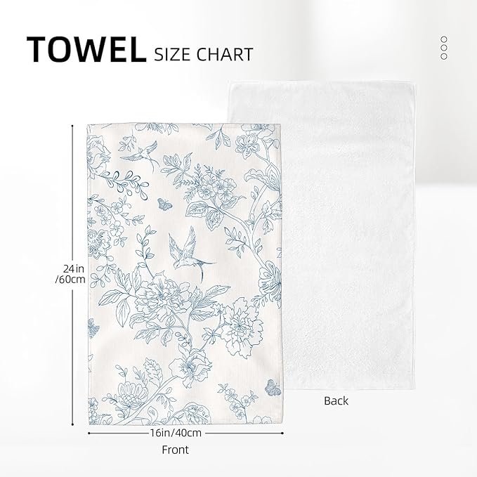 Spring Kitchen Towels 16x24 Inch Navy Blue Chinoiserie Flowers Bird Decor Dish Towels Floral Summer Seasonal Decoration Hand Towels Absorbent Dish Cloths for Home Kitchen Dining Set of 2