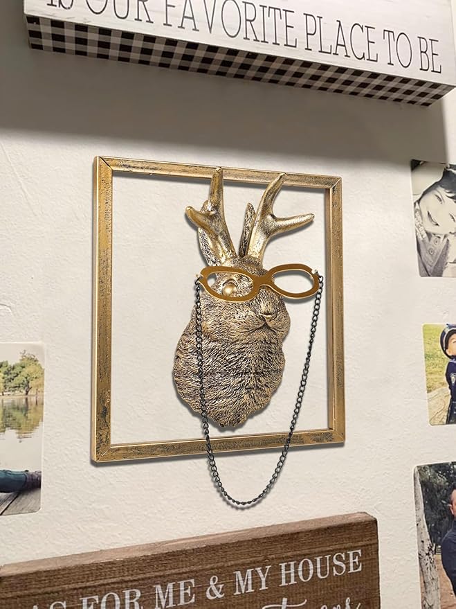 Animal Heads Wall Decor (Includes Metal Frame) Resin Animals Sculptures Head Wall Hanging Decoration Gold vintage Wall Sculpture for Living Room Bedroom Office(Jackalope)