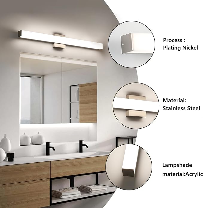 Bathroom Vanity Light Brushed Nickel Square LED 31.5 inch 24W 4000K Natural White Light Wall Bar Lighting Fixtures Over Mirror (Dimmable)