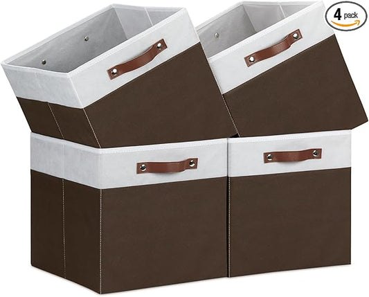 Temary Foldable Cube Baskets 4Pack - Shelf Storage Bins with Handles, Fabric Storage Organizer for Clothes, Home (White&Brown, 13x15x13 Inch)