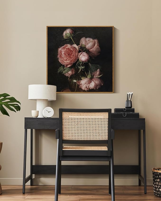 InSimSea Square Framed Canvas Wall Art, Large Decor Vintage Peony Flower Paintings, Floral Wall Pictures for Bedroom Bathroom Living Room, Canvas Prints Artwork, Farmhouse Decor 20"x20"