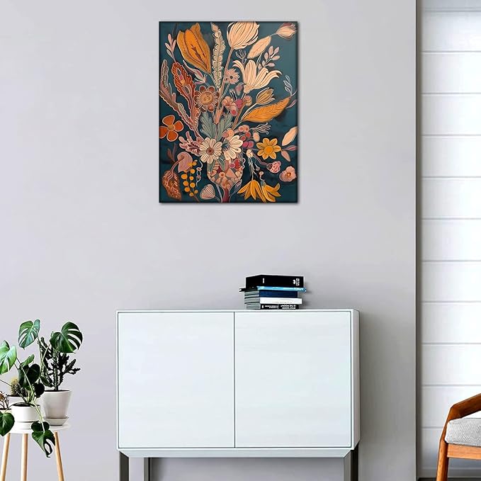 Boho Flower Canvas Wall Art Abstract Plant Wall decor pictures Orange Floral Poster Prints Mid Century Modern Flowers Painting For Living Room Bedroom Home Decorations (16inx24in canvas)