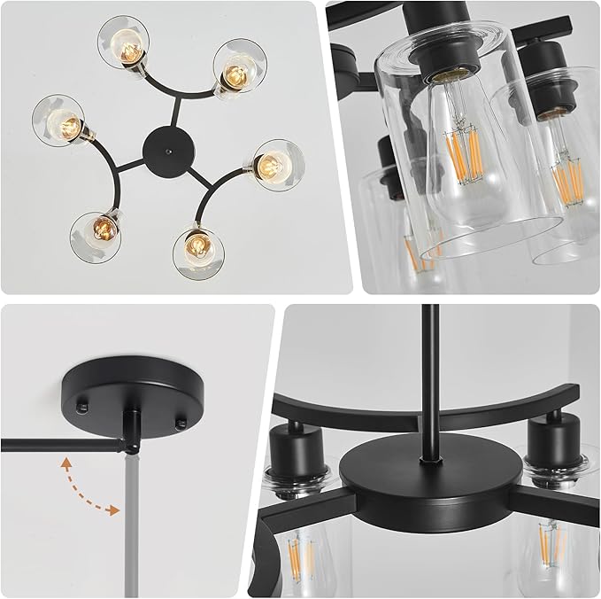 6-Light Modern Farmhouse Black Chandeliers for Dining Room,20.8" Kitchen Island Black Chandelier Over Table,Adjustable Height Hanging Pendant Lights,Clear Glass Shade Ceiling Light Fixture