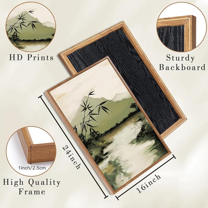 ANHUIB Green Mountain Wall Art Japanese Misty Landscape Wall Decor Foggy Forest Painting 16x24 Inch for Living Room Bedroom Bathroom