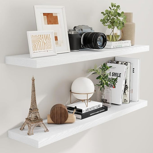 Fun Memories White Floating Shelves 48 Inch Long, Wood Wall Shelves 48x9.3x1.5, 9.3 Inch Deep Floating Shelf for Wall, Large White Shelves for Home Decor & Storage, Set of 2