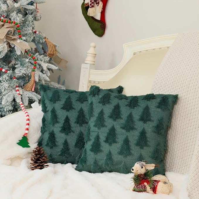 GEEORY Christmas Tree Throw Pillow Covers 20x20 Inch Set of 2, Xmas Winter Soft Plush Faux Fur Wool Decorative Farmhouse Holiday Cushion Case for Home Decoration (Green) GC003-20