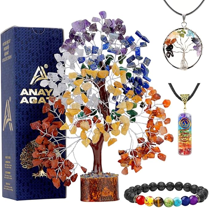 Chakra Tree Crystal Tree of Life Sister Birthday Gifts Home Decor Seven Chakra Tree Healing Crystal Tree Birthday Gifts for Women, Mom New Home House Warming Gifts Plus Bracelet Necklaces