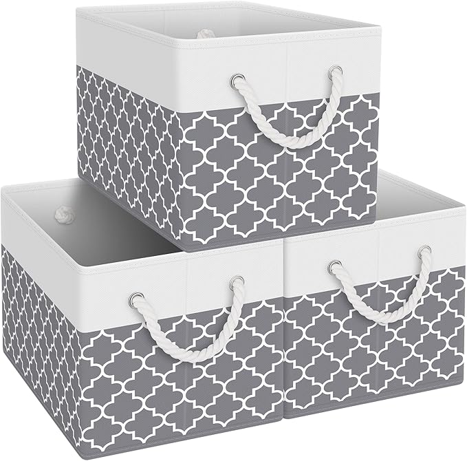 Fab totes Storage Bins [3-Pack], Foldable Storage Baskets for Organizing Toys, Books, Shelves, Closet, Large Storage Box with Rope Handles, Sturdy Organizer Bins,Clover Grey