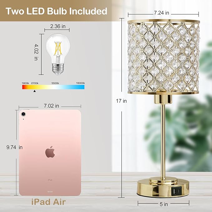 Crystal Touch Control Table Lamp with USB-C+A Charging Ports 3-Way Dimmable Nightstand Lamp Set of 2 Crystal Decorative Bedside Lamps with Gold Elegant Shade for Bedroom Living Room, Bulbs Included