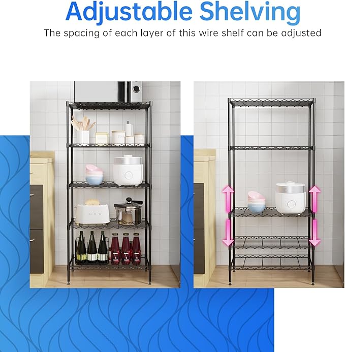 PayLessHere | 5-Tier Wire Shelf | 21"x11"x48" | Black | Adjustable Racks | Heavy-Duty Storage Shelves, Holds Upto 750 lbs | Rust-Resistant, No-Tool Assembly | for Home, Garage Shelving