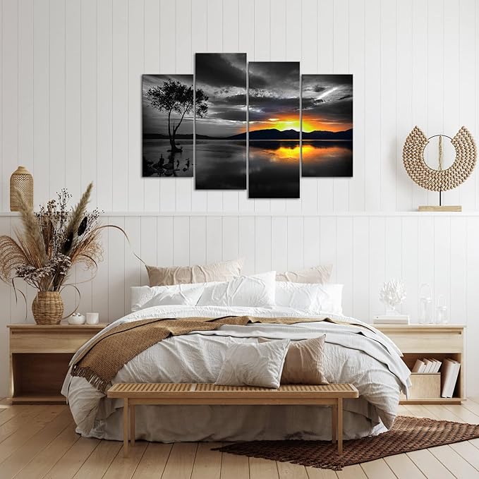 Biuteawal 4 Piece Black and White Wall Art Golden Sunset on Lake Picture Painting Lonely Tree Photo Print on Canvas Nature Landscape Poster Living Room Bedroom Decor Framed Ready to Hang