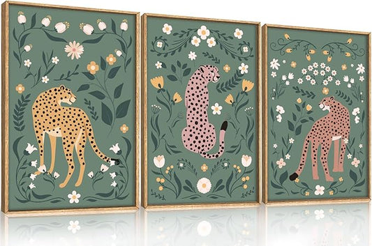 KAIRNE Boho Cheetah Wall Art Set of 3, Floral Leopard with Green Botanical Background, Mid Century Modern Animal Prints for Bedroom, Living Room, Office Decor, Aesthetic Framed Wall Decor, 24x36 Inch