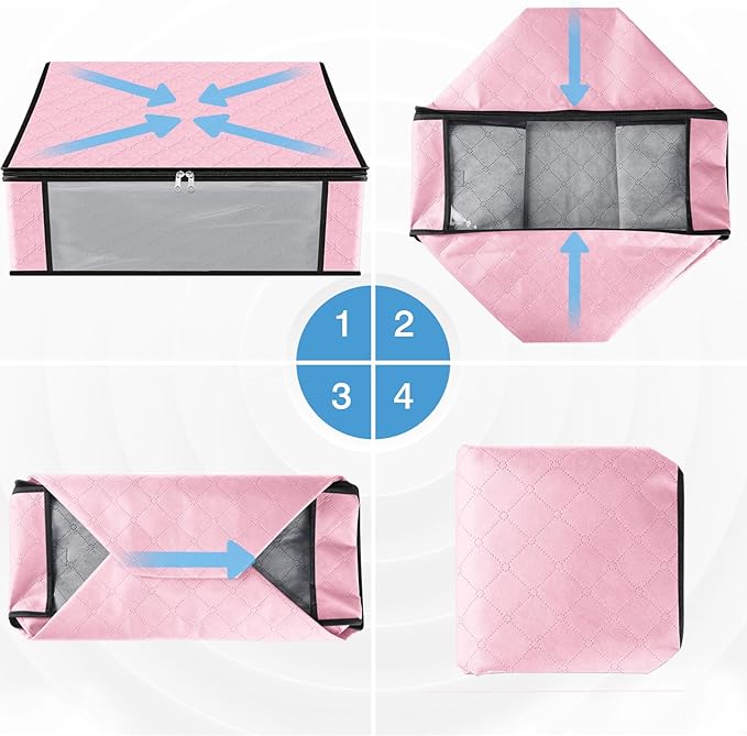 HomeHacks Storage 3-Pack Clothes Organizer Storage Bags Foldable Storage Box with Large Clear Window Sturdy Handles for Closet, Dorm, Pillows, Bedding, Clothes, Blankets, 35L, Pink
