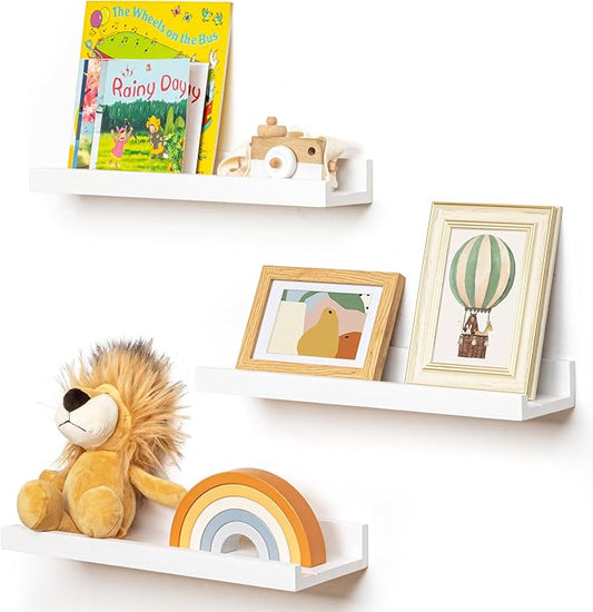 Picture Ledge Shelf for Wall, 16 inches Solid Pine Wood Nursery Book Shelves 3 Packs, Floating Ledge Shelves for Kids' Room Bedroom Bathroom Living Room Photo Frames Office Nursey Wall Decor, White