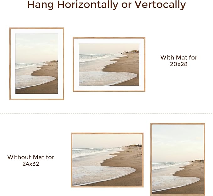 Fun Memories Oak Wood Picture Frame 24x32 for Wall, Rustic Poster Frame With Real Glass, Mat for 20x28, Natural Oak Color (1 Pack)