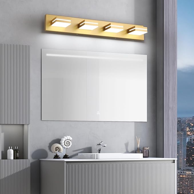 SineRise LED Modern Bathroom Vanity Light Fixtures (4-Light, 30-Inch), Matte Gold Modern Acrylic Bathroom Wall Lighting Fixtures Over Mirror (Cool White 6000K)