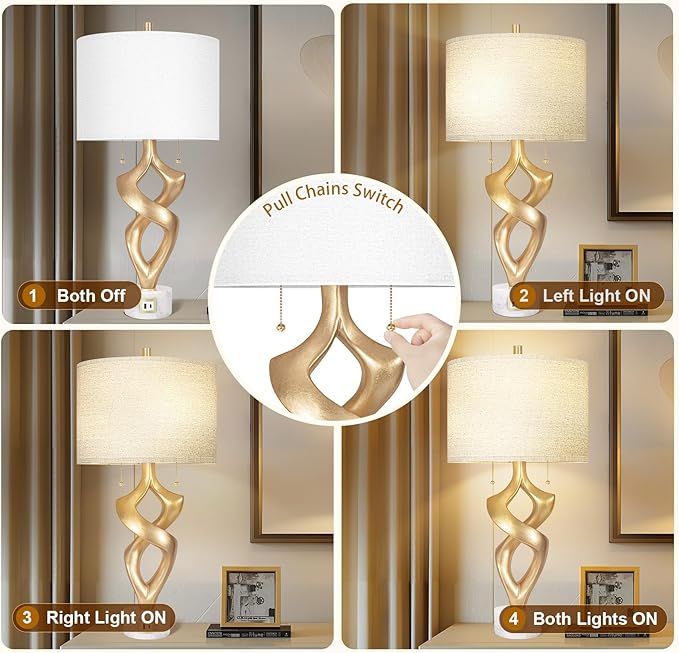 Scenekoy Sculptural Resin Table Lamp Set of 2 with USB Ports for Bedroom Living Room, 31” Big Gold Leaf Marble Base Bedside Lamps, Pull Chains Switch Modern Nightstand Lamp for Home Room Decor