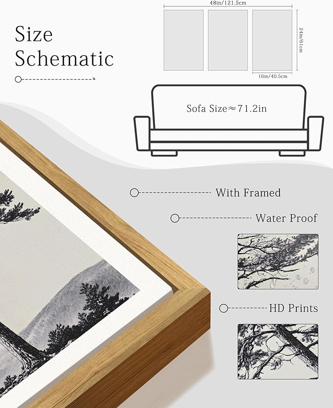 KUVIOKE Vintage Black Gray Forest Wall Art Framed Antique Retro Tree Prints Modern Rustic Artwork Bedroom Living Room Ready to Hang 16x24in (Natural Framed)