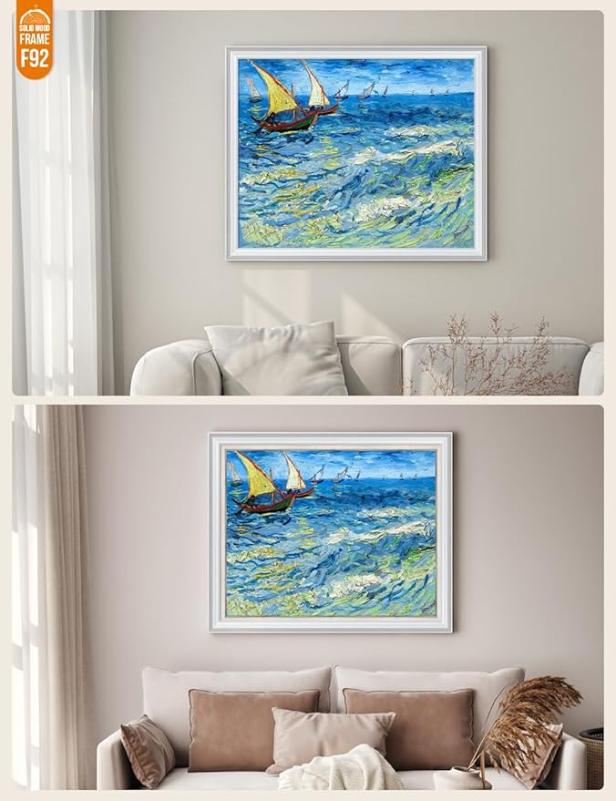DECORARTS - Fishing Boats At Sea - Vincent Van Gogh Giclee Prints w/Antique Brown Frame for Wall Decor.