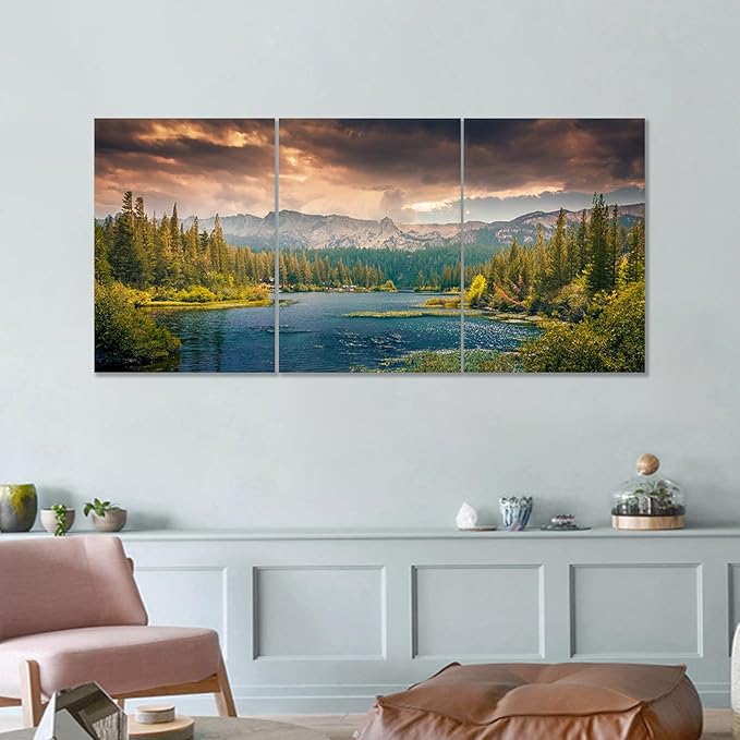Lake Poster Wall Art Wall Decor Lake Mountain Forest Nature Park Landscape Picture Print on Canvas 3 Pieces Painting Artwork for Modern Home Living Room Workplace Stretched and Framed [60''Wx28''H]
