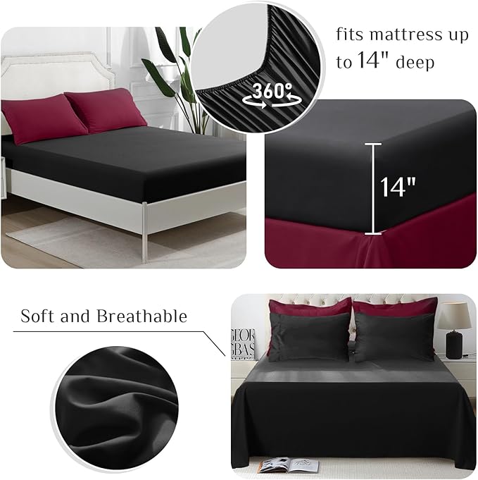 JOLLYVOGUE King Comforter Set, Ultra-Soft Bed in a Bag King Size 7 Pieces, Oeko-TEX Certified Bedding Set with Down Alternative Comforter, Sheets, Pillowcases & Shams, Burgundy & Black