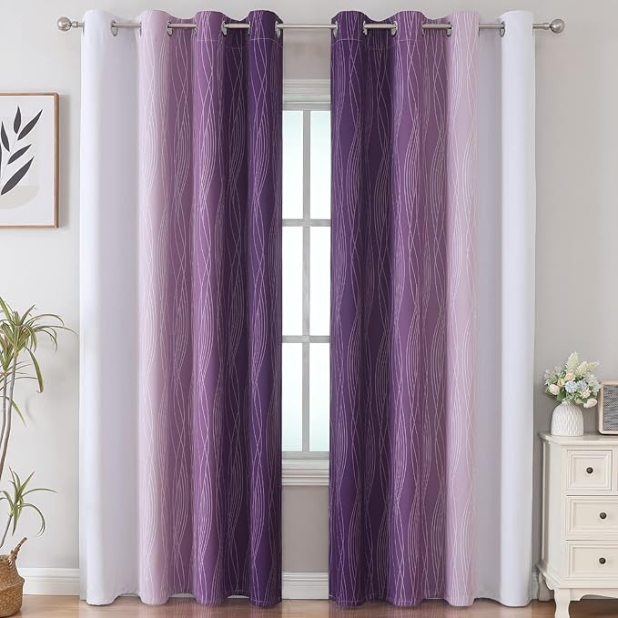 Estelar Textiler Purple and Greyish White Blackout Curtains 96 Inches Long, Full Room Darkening Grommet Curtains for Bedroom, Thermal Insulated Ombre Blackout Drapes for Living Room, 52Wx96L, 2 Panels