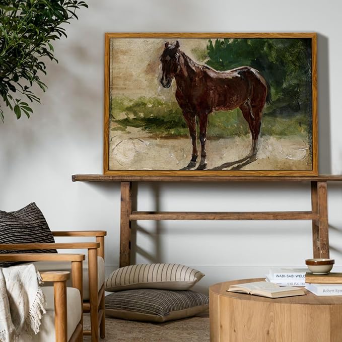 crmotu Framed Canvas Wall Art, Brown Horse Vintage Decor Painting, Classical Animal Art Prints Office Decorations, Still Life Aesthetic Wall Pictures for Living Room Bedroom Kitchen Gallery 20x30in