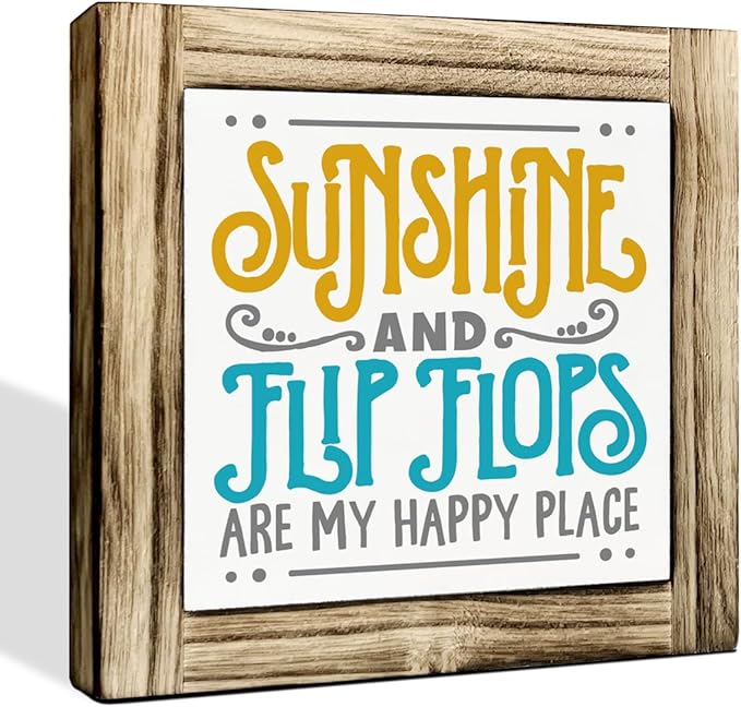 Summer Wood Signs, Farmhouse Wooden Box Desk Sign Decor, Summer Vacation Decors, Beach Decorations for Home, Beach House Decor, Sunshine and Flip Flops are My Happy Place Sign 5.9×5.9inches