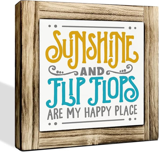 Summer Wood Signs, Farmhouse Wooden Box Desk Sign Decor, Summer Vacation Decors, Beach Decorations for Home, Beach House Decor, Sunshine and Flip Flops are My Happy Place Sign 5.9×5.9inches