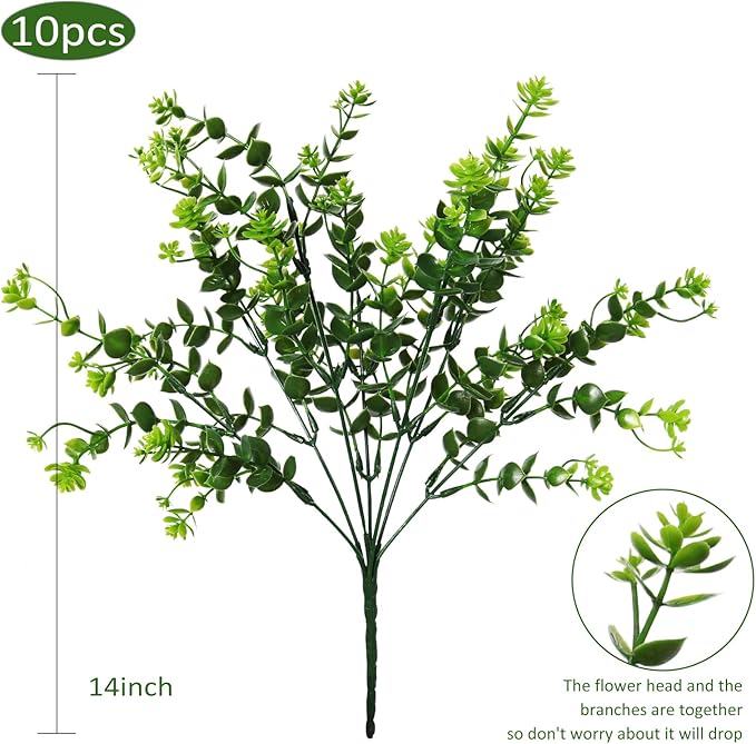 RECUTMS Artificial Outdoor Flowers Artificial Greenery Artificial Plant Bundles Spring Greenery Outdoor Plants Artificial UV Resistant for Porch Artificial Eucalyptus Stems,10 Pcs(Green)